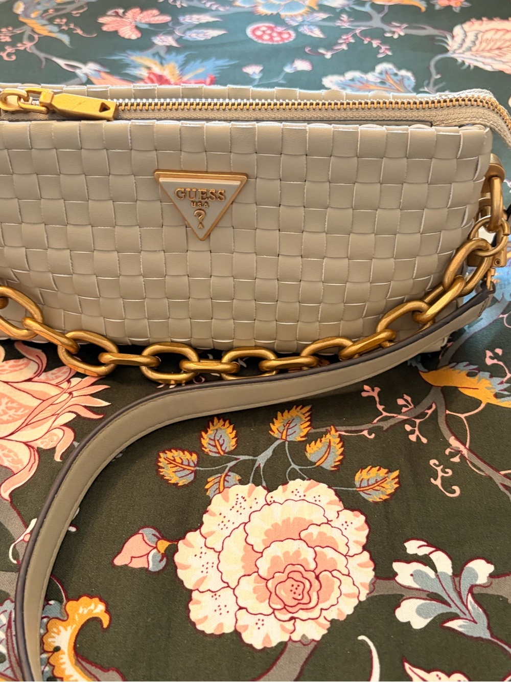 GUESS light Green Woven Crossbody with Gold Chain Accent